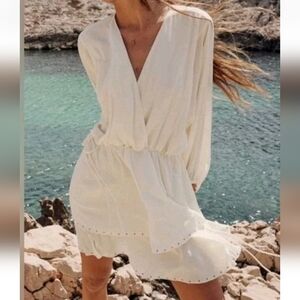 NWT ZARA Large Ecru Studded Mini Dress Off White Surplice V Neck Long Sleeve